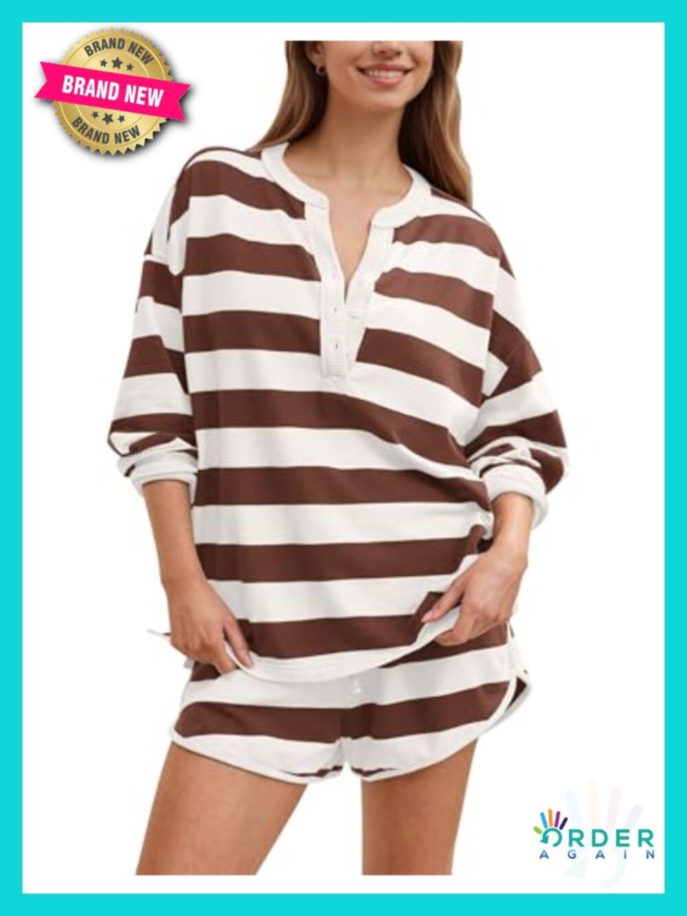 Striped 2 Piece Lounge Set Oversized Henley & Drawstring Shorts Cotton Blend